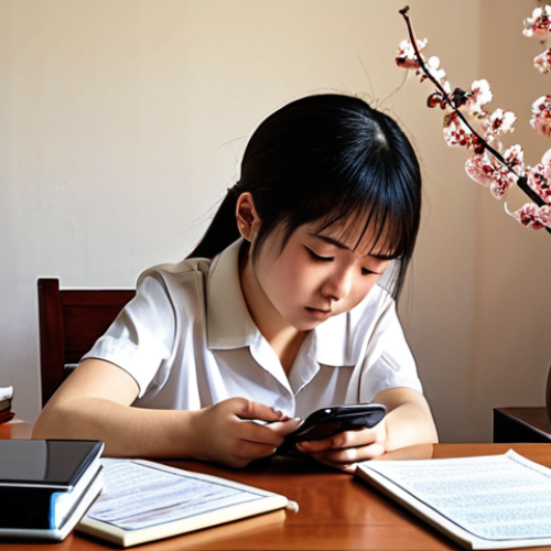 **

A student diligently studying for the school social worker exam, surrounded by textbooks, past papers, and law books (like the Child Welfare Act). They are using a smartphone app for studying, with flashcards scattered on the desk. The scene should evoke a sense of focused effort and determination. Consider adding a touch of Japanese aesthetic elements to the background like cherry blossoms or a traditional lamp.

**