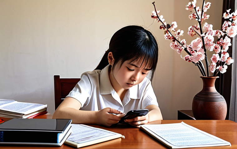 **

A student diligently studying for the school social worker exam, surrounded by textbooks, past papers, and law books (like the Child Welfare Act). They are using a smartphone app for studying, with flashcards scattered on the desk. The scene should evoke a sense of focused effort and determination. Consider adding a touch of Japanese aesthetic elements to the background like cherry blossoms or a traditional lamp.

**
