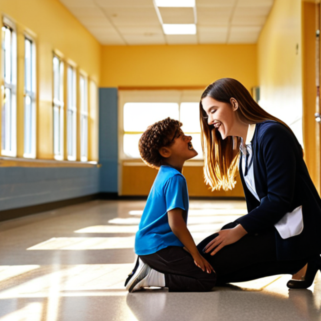 A school social worker kneeling, engaging with a child in a school hallway, with sunlight streaming through the windows. In the background, a teacher and another student are interacting, showing a supportive school environment. The overall mood is hopeful and encouraging.