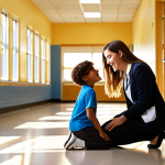 A school social worker kneeling, engaging with a child in a school hallway, with sunlight streaming through the windows. In the background, a teacher and another student are interacting, showing a supportive school environment. The overall mood is hopeful and encouraging.