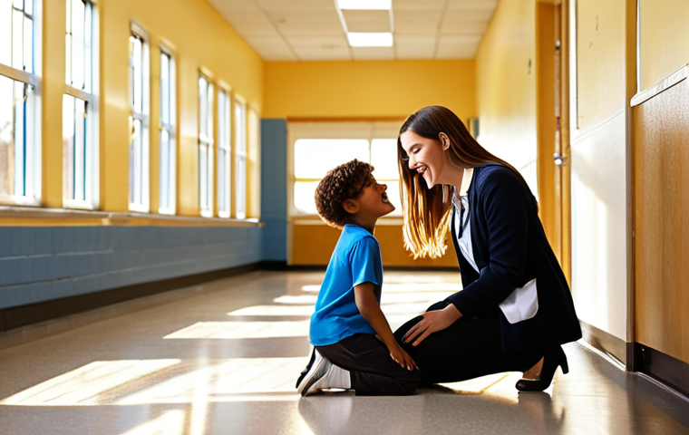 A school social worker kneeling, engaging with a child in a school hallway, with sunlight streaming through the windows. In the background, a teacher and another student are interacting, showing a supportive school environment. The overall mood is hopeful and encouraging.