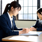 **

A young, fully clothed and professional female school social worker in a modest, business-casual outfit (skirt and blouse or pantsuit) assisting a student with homework at a desk in a bright, modern school library in Japan. The student is also fully clothed in a school uniform. Sunlight streams through the windows. Perfect anatomy, correct proportions, natural pose, well-formed hands, proper finger count, family-friendly, safe for work, appropriate content, professional.

**