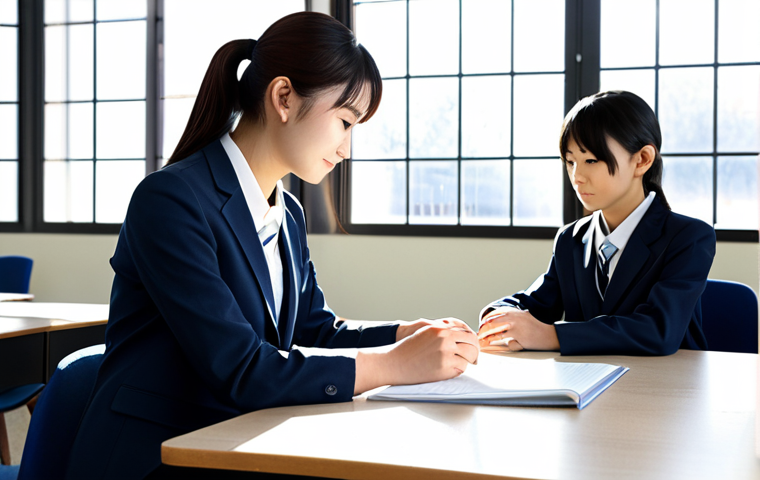 **

A young, fully clothed and professional female school social worker in a modest, business-casual outfit (skirt and blouse or pantsuit) assisting a student with homework at a desk in a bright, modern school library in Japan. The student is also fully clothed in a school uniform. Sunlight streams through the windows. Perfect anatomy, correct proportions, natural pose, well-formed hands, proper finger count, family-friendly, safe for work, appropriate content, professional.

**