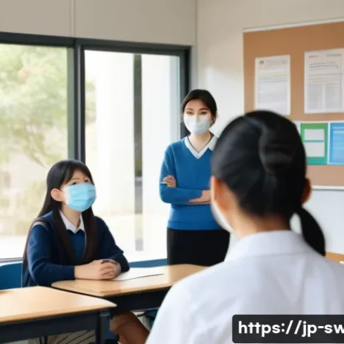 학교사회복지사 업무와 시간 관리 - A compassionate Japanese school social worker in a modern classroom setting, attentively listening t...