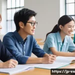 학교사회복지사의 역할 확대 방안 - A diverse team of Japanese school staff collaborating inside a bright, modern school office: a schoo...