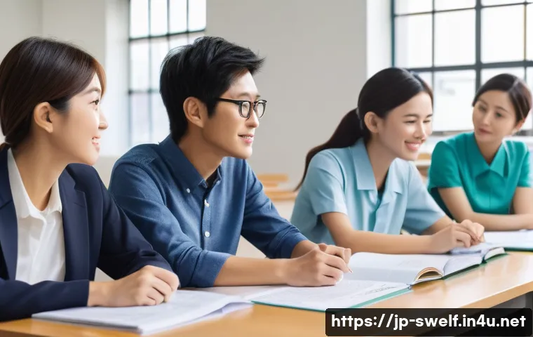 학교사회복지사의 역할 확대 방안 - A diverse team of Japanese school staff collaborating inside a bright, modern school office: a schoo...