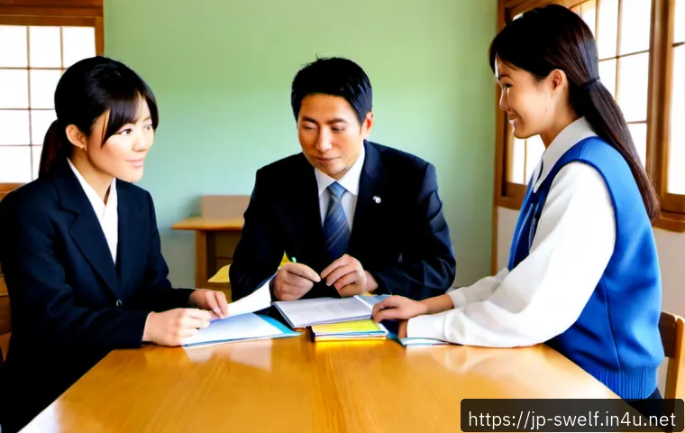 학교사회복지사와 지역사회 협력 사례 - Photorealistic Japanese middle school meeting in a bright community center, a school social worker i...